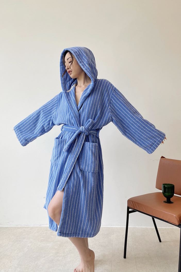 Blue Retro Striped Hooded Bathrobe in Organic Cotton - Image 3