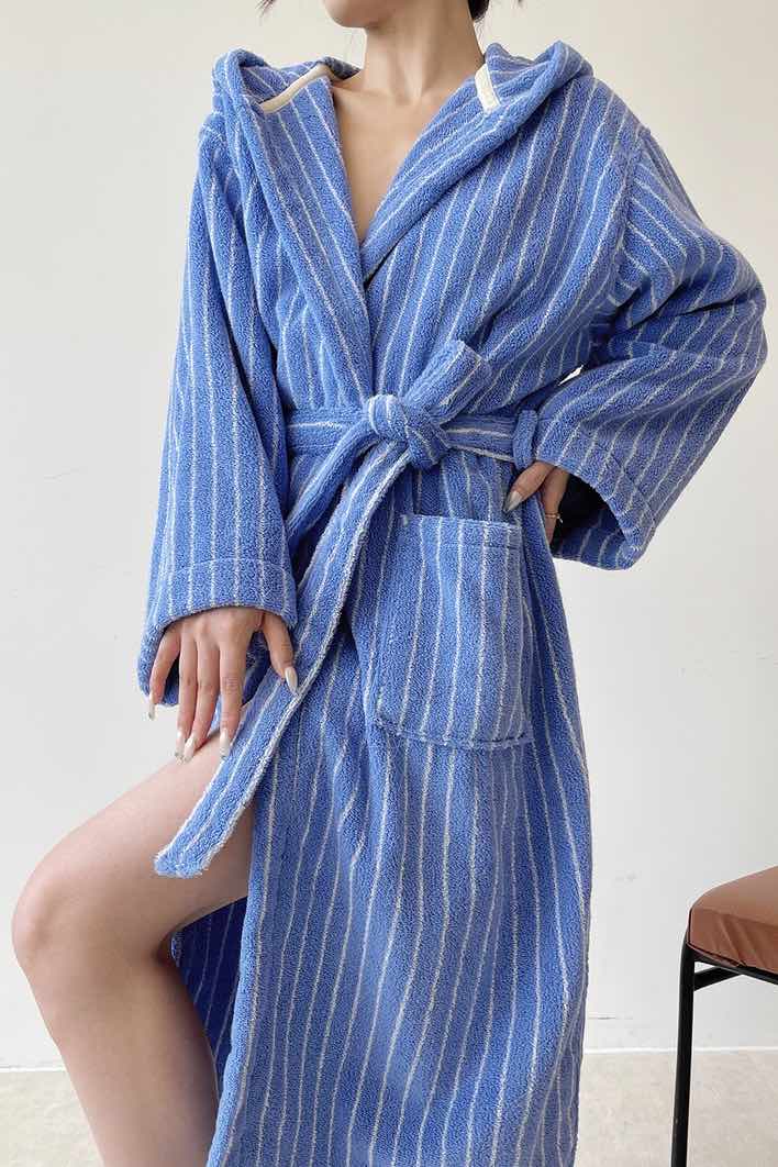 Blue Retro Striped Hooded Bathrobe in Organic Cotton - Image 4