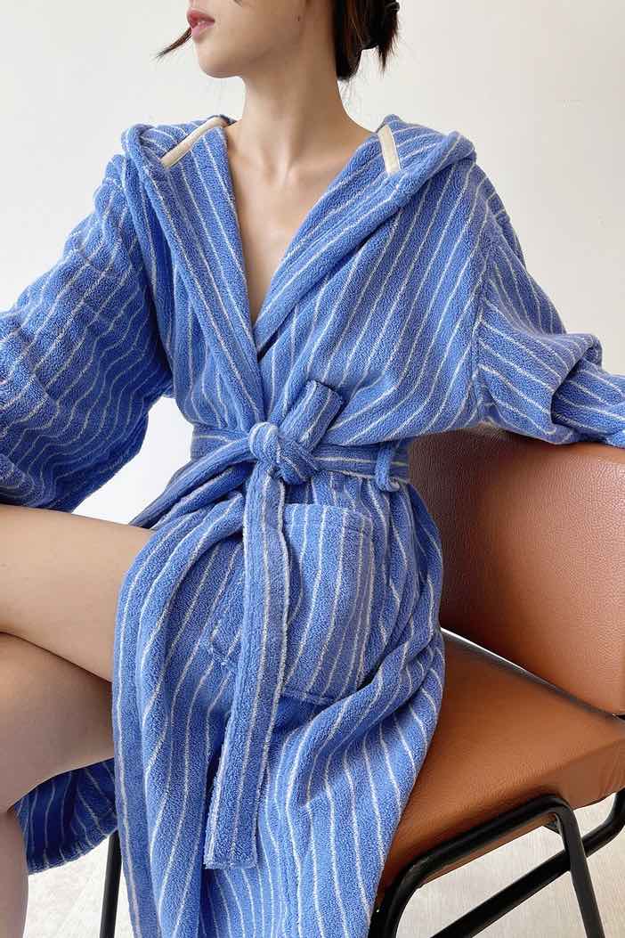 Blue Retro Striped Hooded Bathrobe in Organic Cotton - Image 5