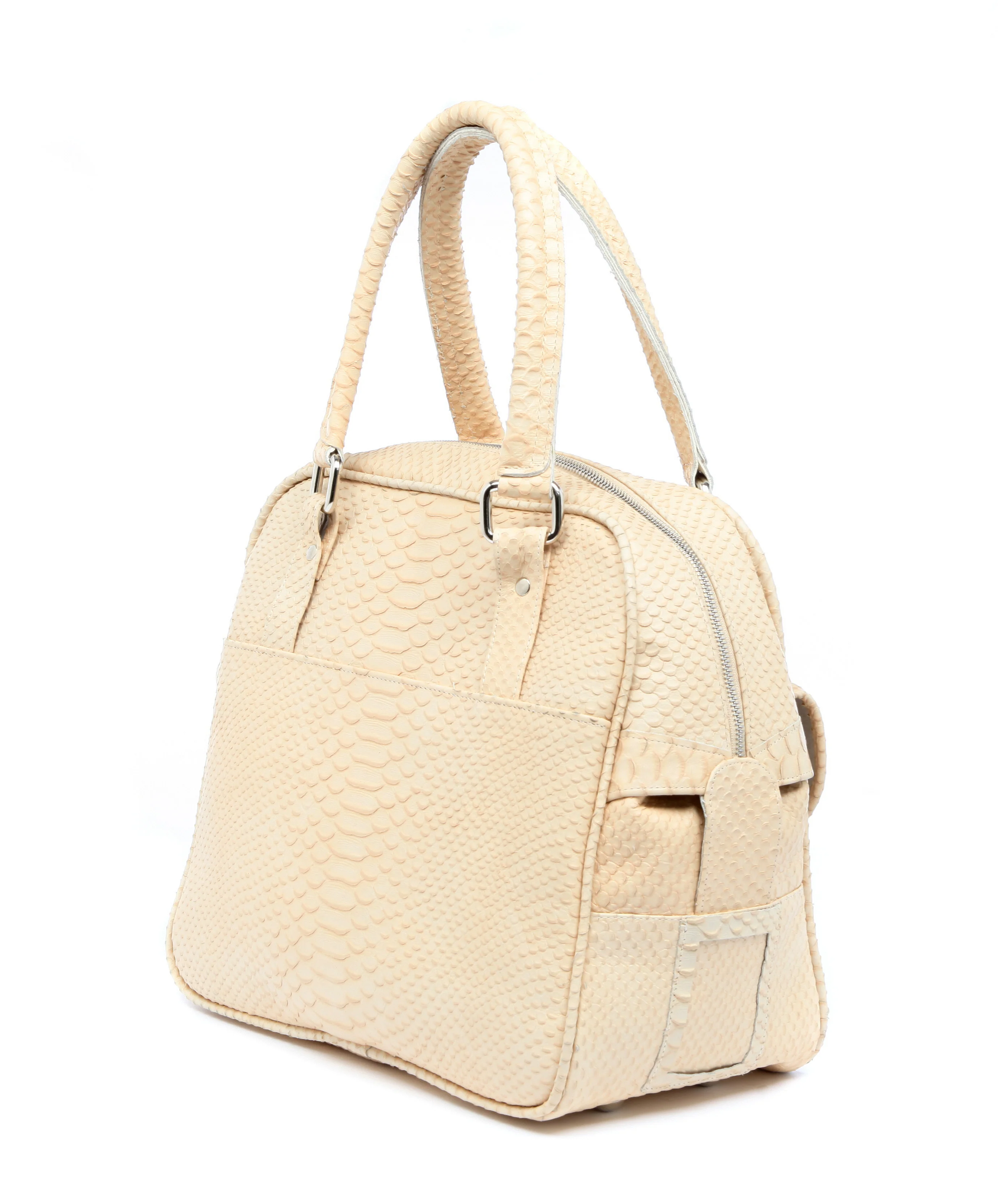 Cream Snakeskin Print Leather Tote Bag - Image 3