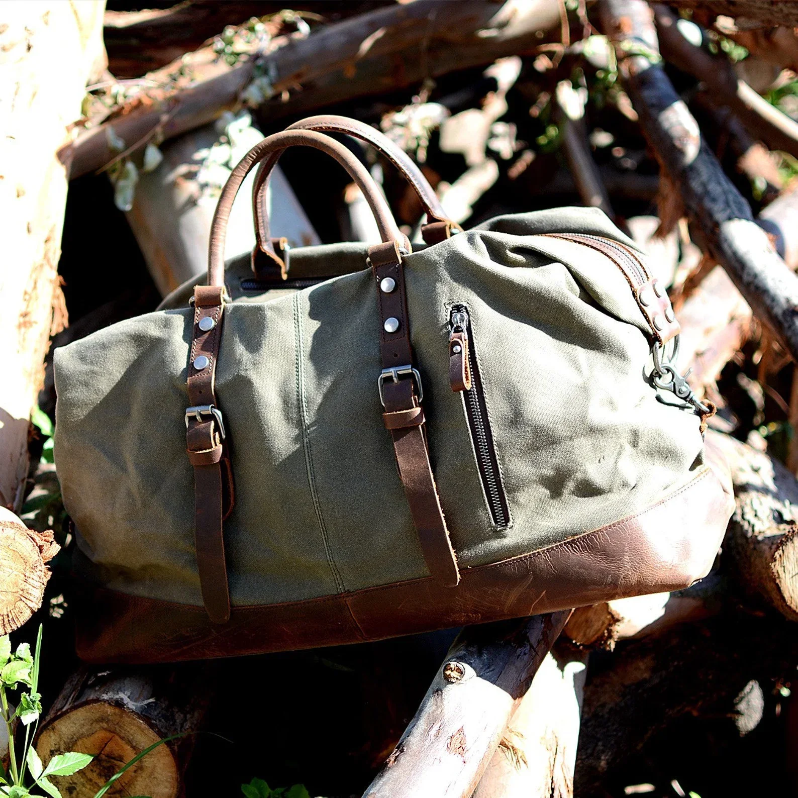 Wax Canvas and Leather Duffel Bag Overnight Holdall - Image 3