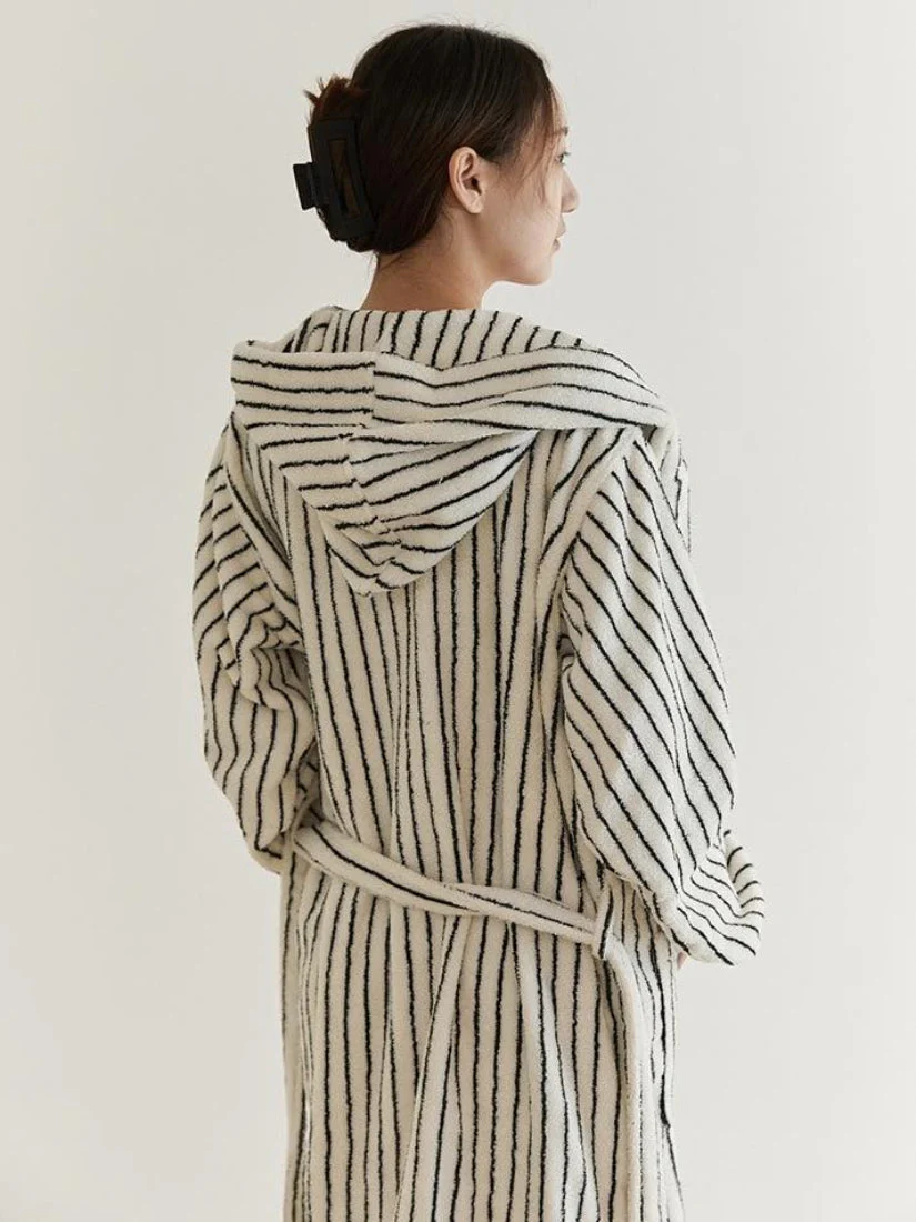 Retro Organic Long Staple Cotton Hooded Stripe Bath Robe - Image 3