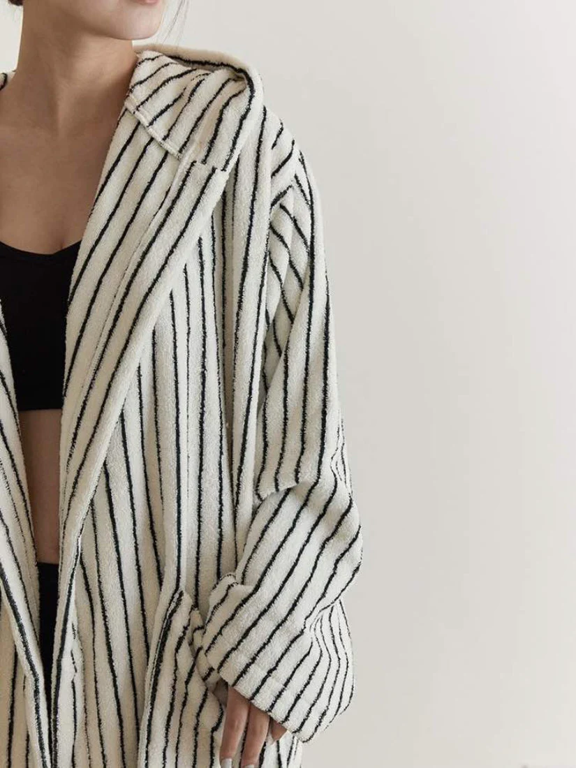 Retro Organic Long Staple Cotton Hooded Stripe Bath Robe - Image 5